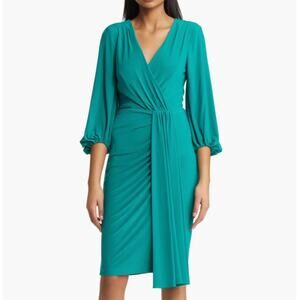 Eliza J Wrap Look Long Sleeve Green Jersey Sheath V-Neck NEW Dress Womens 10